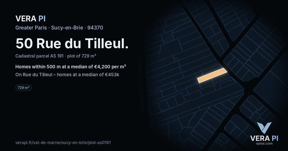 50 Rue du Tilleul, Sucy-en-Brie at night – the plot lit, the parcels around coloured by the prices near them