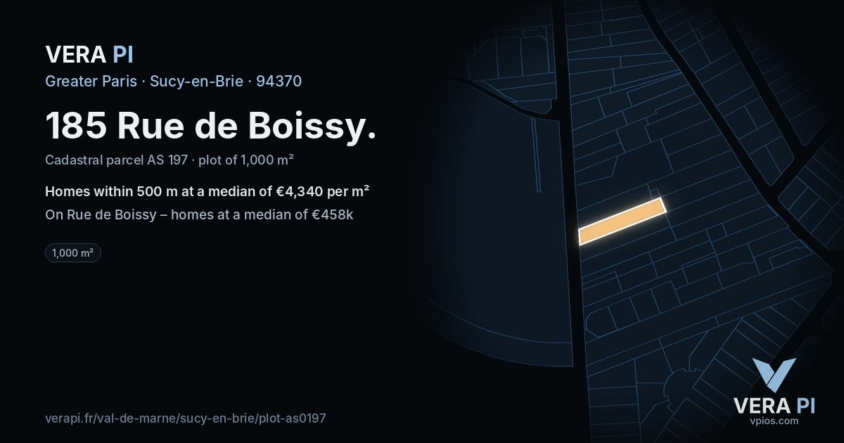 185 Rue de Boissy, Sucy-en-Brie at night – the plot lit, the parcels around coloured by the prices near them