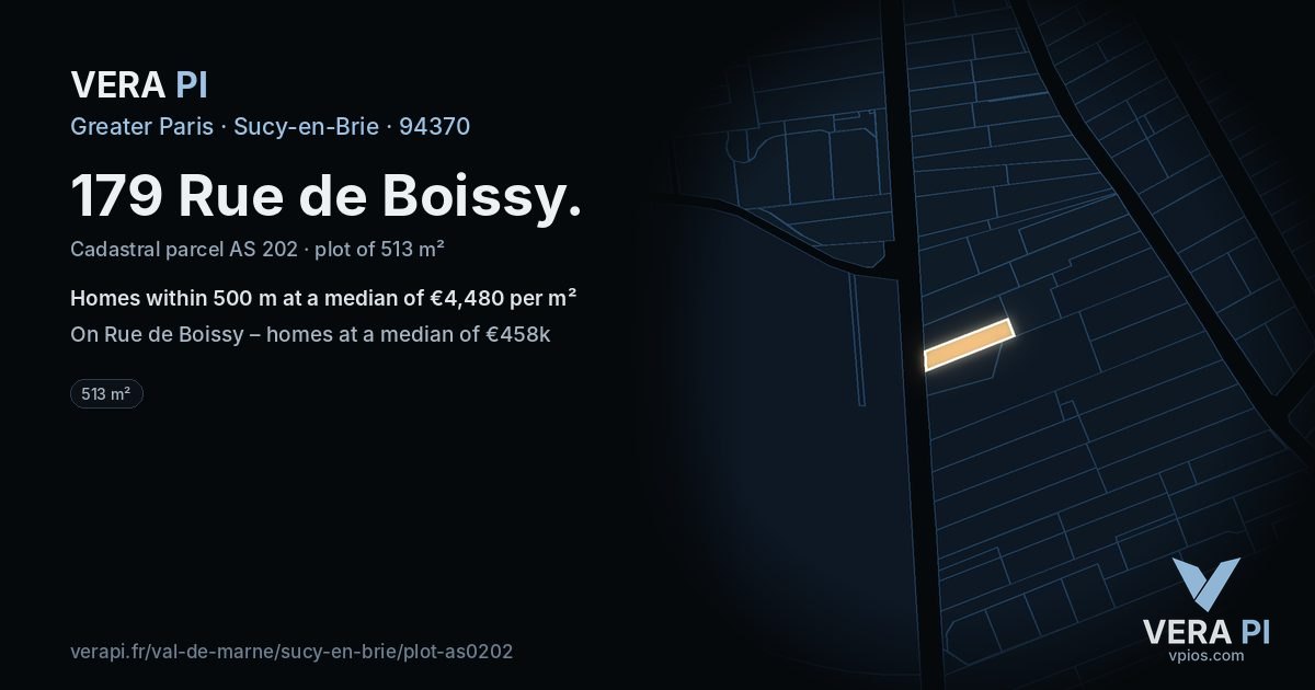 179 Rue de Boissy, Sucy-en-Brie at night – the plot lit, the parcels around coloured by the prices near them