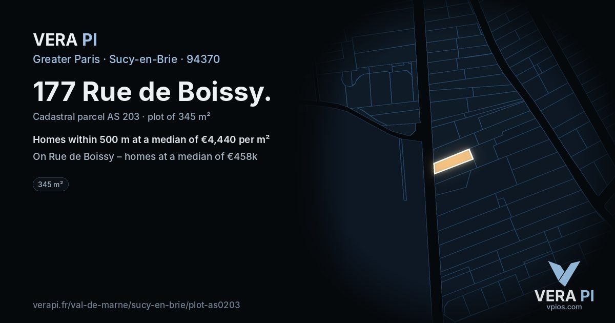 177 Rue de Boissy, Sucy-en-Brie at night – the plot lit, the parcels around coloured by the prices near them