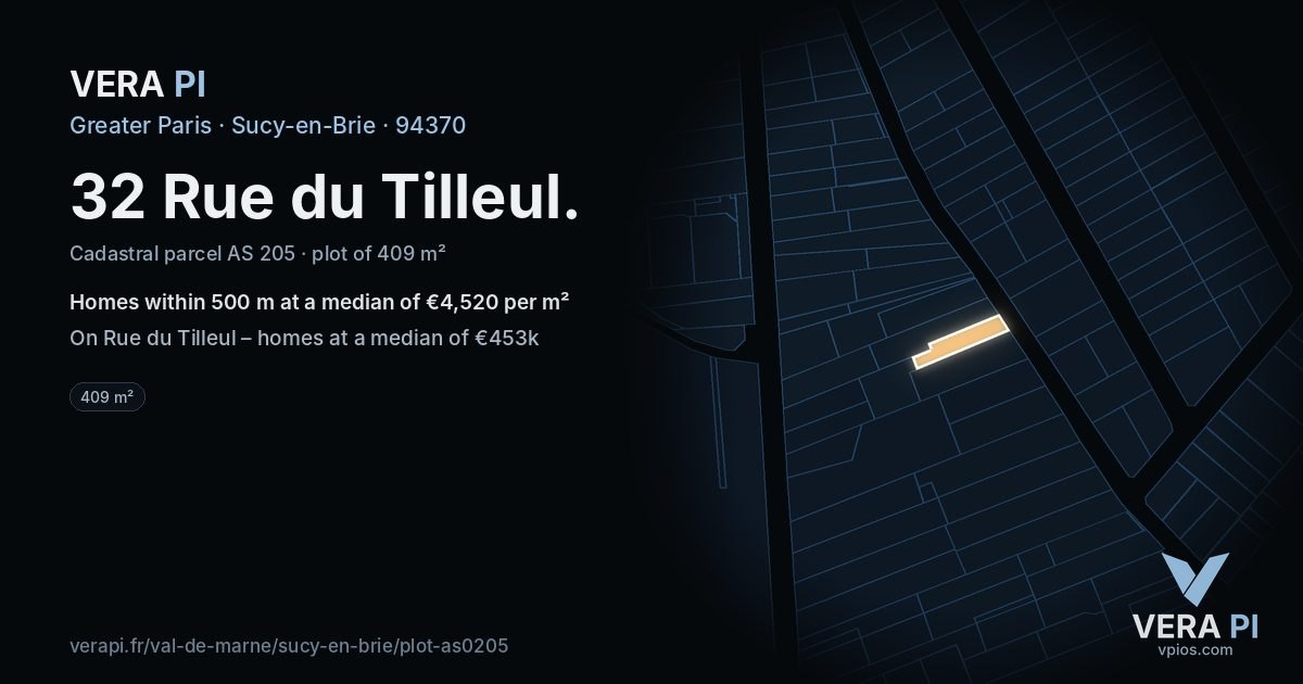 32 Rue du Tilleul, Sucy-en-Brie at night – the plot lit, the parcels around coloured by the prices near them