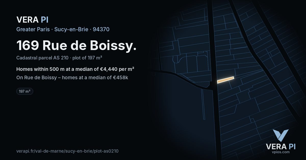 169 Rue de Boissy, Sucy-en-Brie at night – the plot lit, the parcels around coloured by the prices near them
