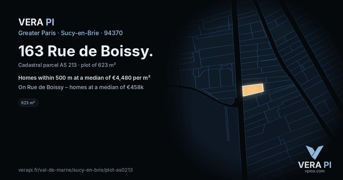 163 Rue de Boissy, Sucy-en-Brie at night – the plot lit, the parcels around coloured by the prices near them