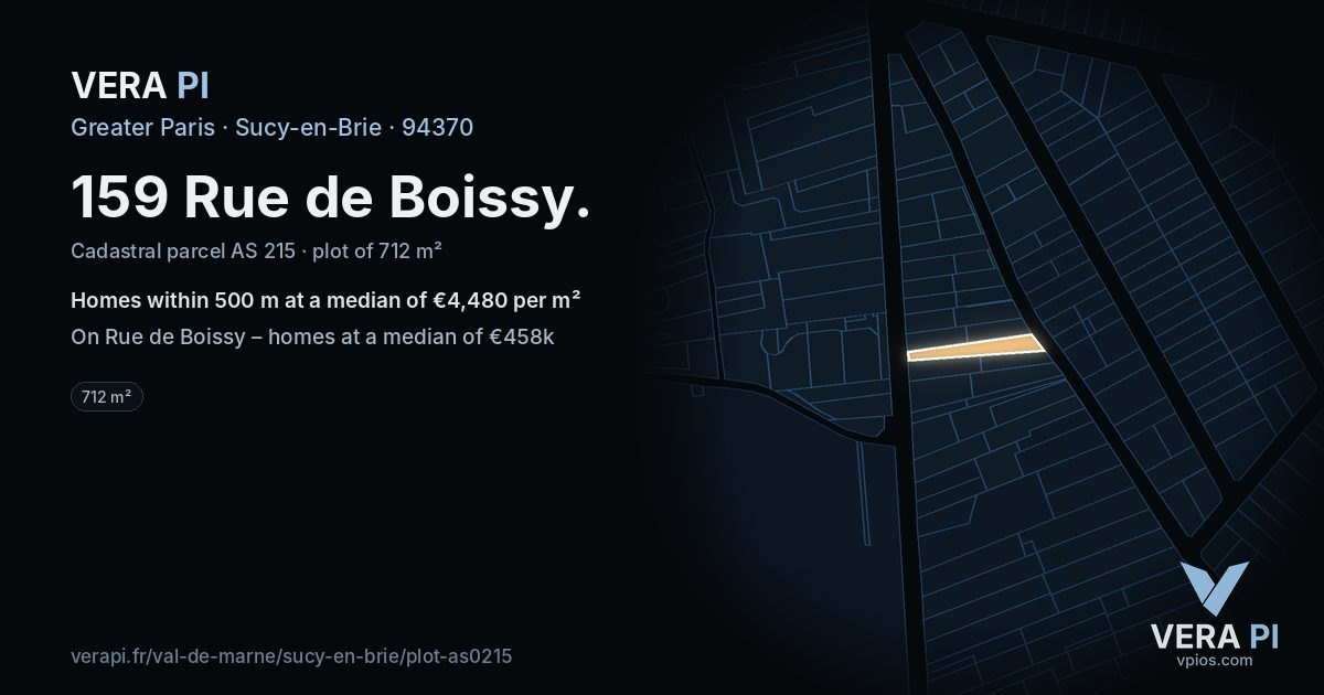 159 Rue de Boissy, Sucy-en-Brie at night – the plot lit, the parcels around coloured by the prices near them