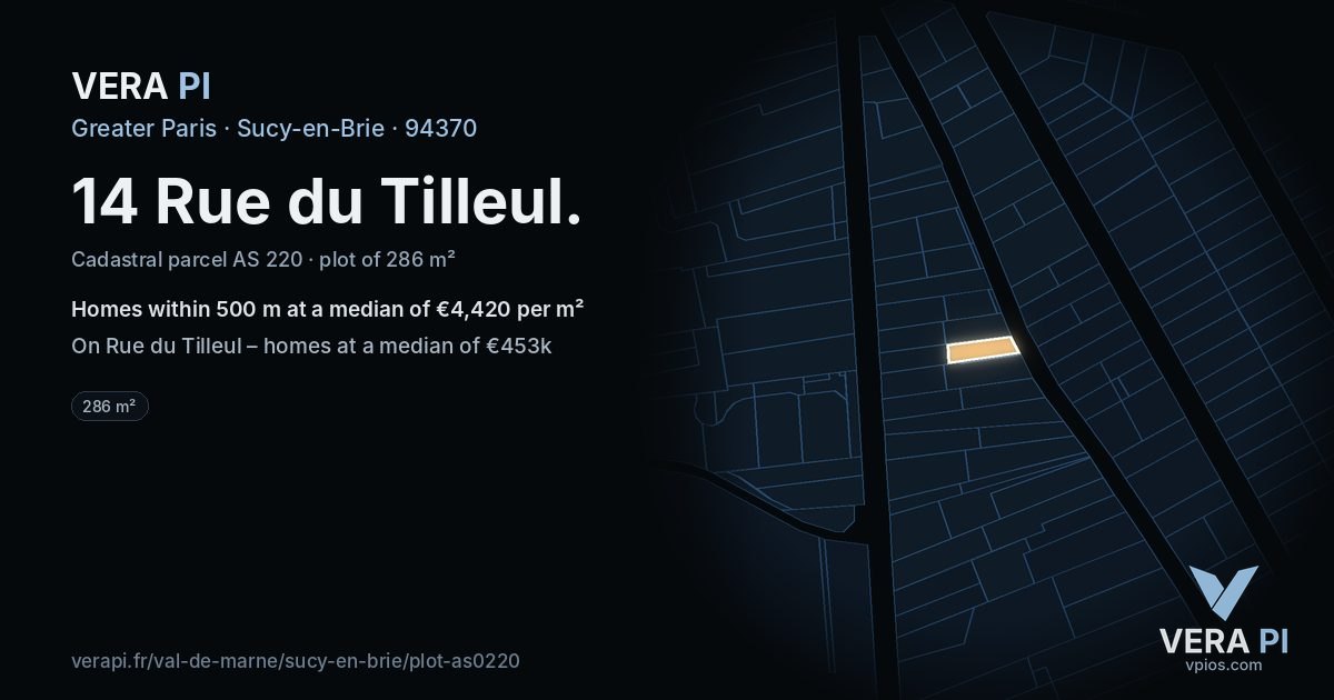 14 Rue du Tilleul, Sucy-en-Brie at night – the plot lit, the parcels around coloured by the prices near them