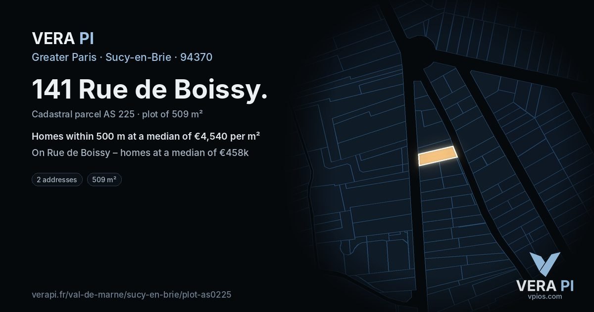 141 Rue de Boissy, Sucy-en-Brie at night – the plot lit, the parcels around coloured by the prices near them