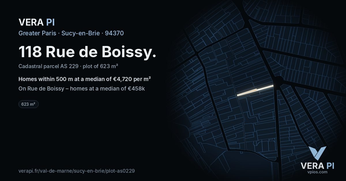 118 Rue de Boissy, Sucy-en-Brie at night – the plot lit, the parcels around coloured by the prices near them