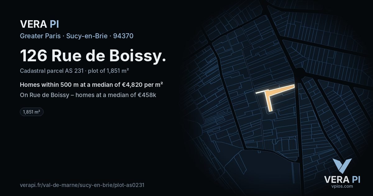 126 Rue de Boissy, Sucy-en-Brie at night – the plot lit, the parcels around coloured by the prices near them