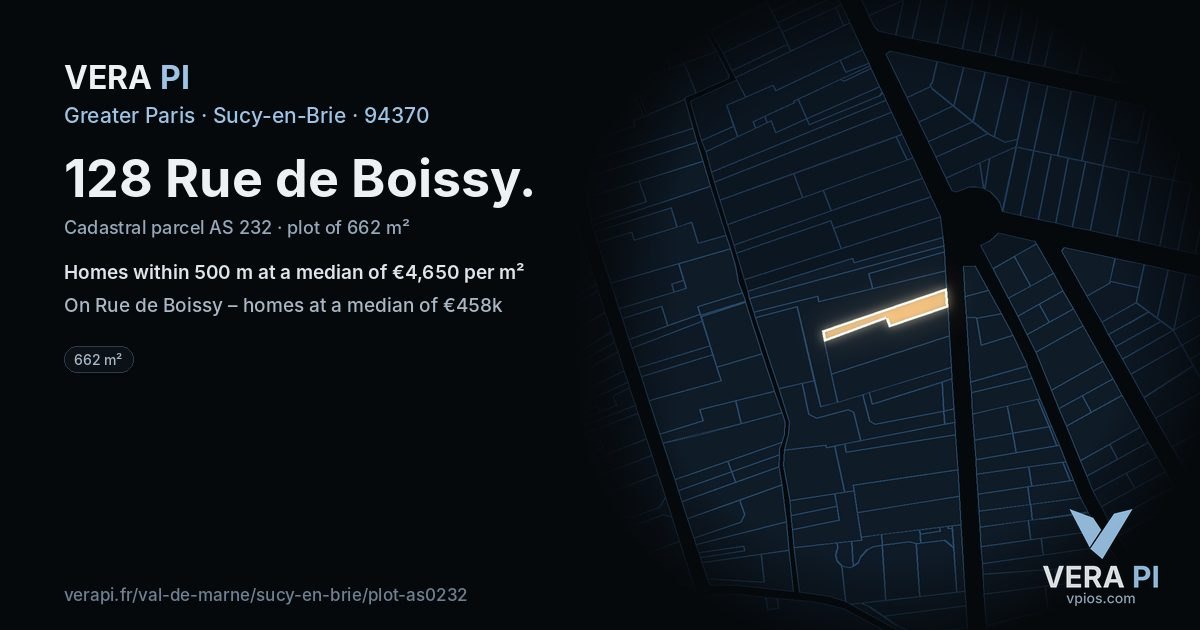 128 Rue de Boissy, Sucy-en-Brie at night – the plot lit, the parcels around coloured by the prices near them