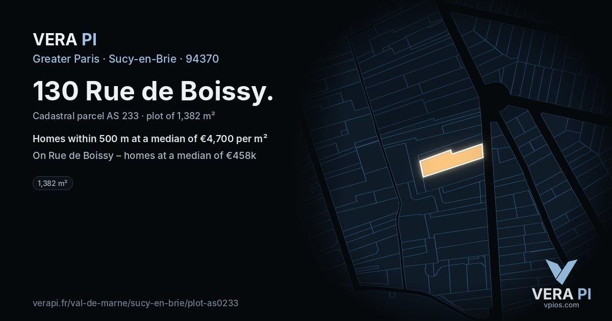 130 Rue de Boissy, Sucy-en-Brie at night – the plot lit, the parcels around coloured by the prices near them