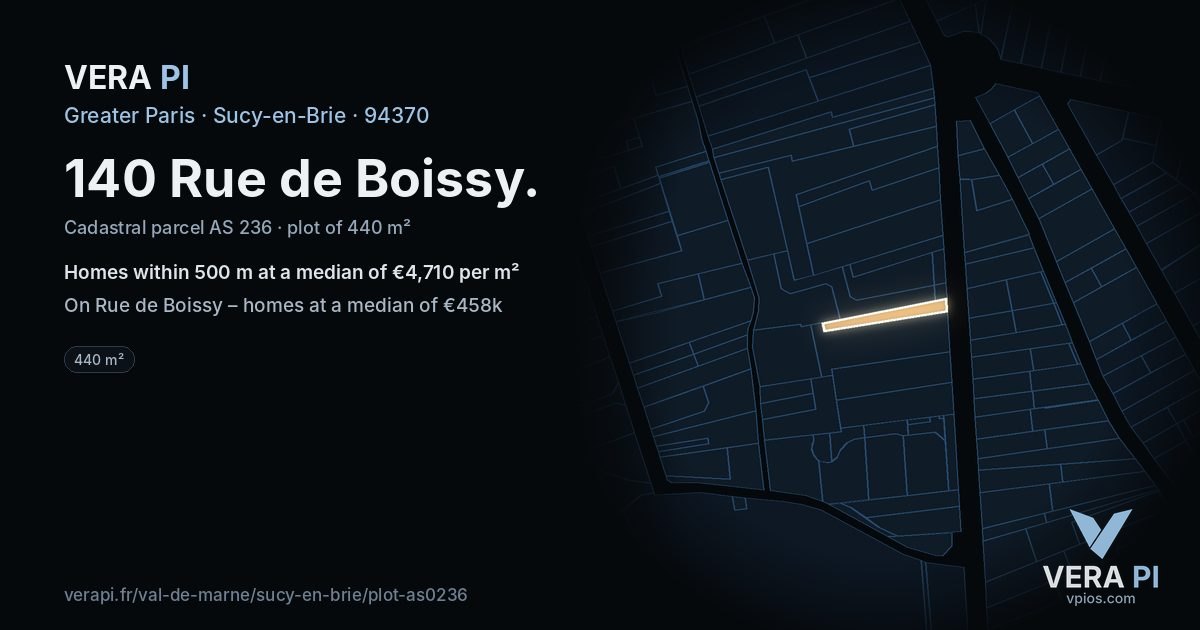 140 Rue de Boissy, Sucy-en-Brie at night – the plot lit, the parcels around coloured by the prices near them