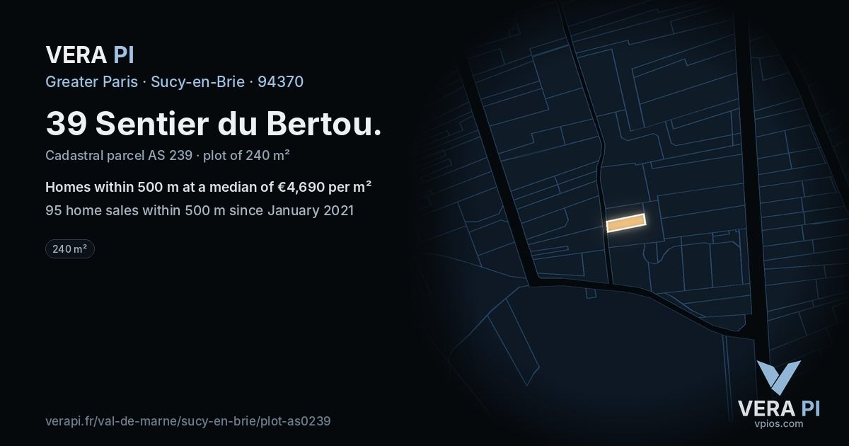 39 Sentier du Bertou, Sucy-en-Brie at night – the plot lit, the parcels around coloured by the prices near them