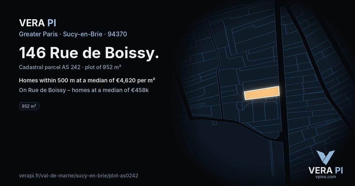 146 Rue de Boissy, Sucy-en-Brie at night – the plot lit, the parcels around coloured by the prices near them