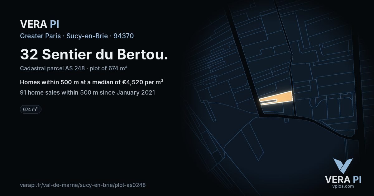32 Sentier du Bertou, Sucy-en-Brie at night – the plot lit, the parcels around coloured by the prices near them