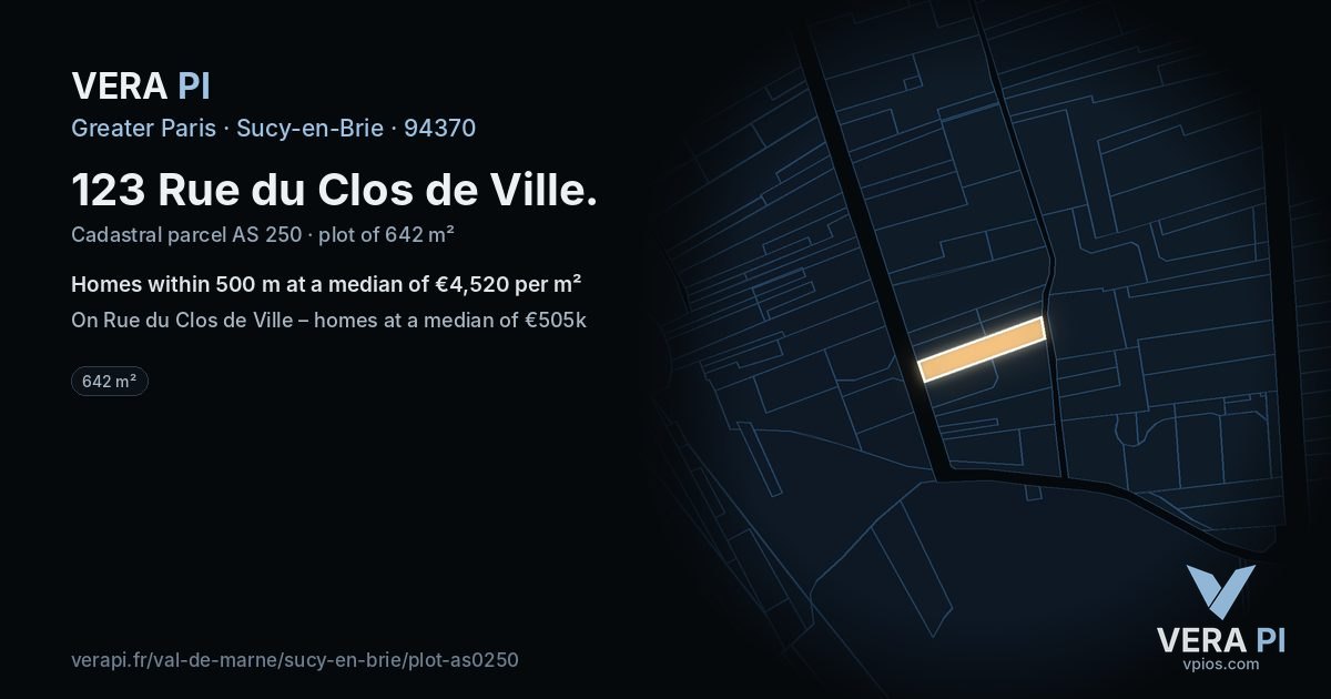 123 Rue du Clos de Ville, Sucy-en-Brie at night – the plot lit, the parcels around coloured by the prices near them
