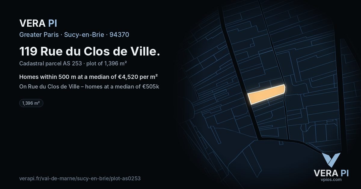 119 Rue du Clos de Ville, Sucy-en-Brie at night – the plot lit, the parcels around coloured by the prices near them