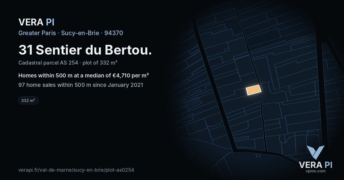 31 Sentier du Bertou, Sucy-en-Brie at night – the plot lit, the parcels around coloured by the prices near them