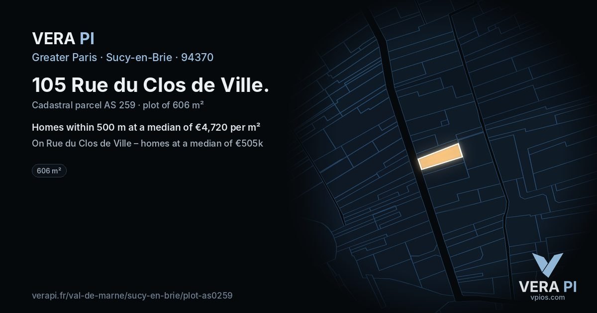 105 Rue du Clos de Ville, Sucy-en-Brie at night – the plot lit, the parcels around coloured by the prices near them