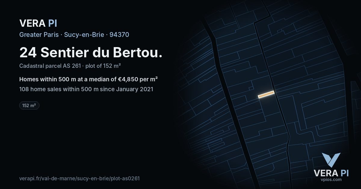 24 Sentier du Bertou, Sucy-en-Brie at night – the plot lit, the parcels around coloured by the prices near them