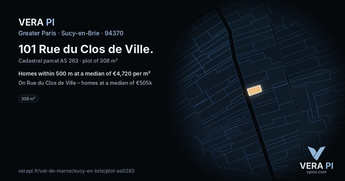 101 Rue du Clos de Ville, Sucy-en-Brie at night – the plot lit, the parcels around coloured by the prices near them