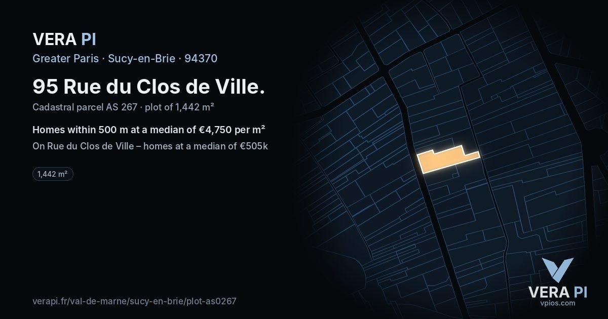 95 Rue du Clos de Ville, Sucy-en-Brie at night – the plot lit, the parcels around coloured by the prices near them