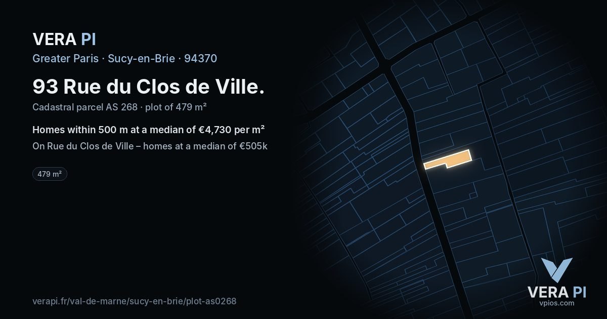 93 Rue du Clos de Ville, Sucy-en-Brie at night – the plot lit, the parcels around coloured by the prices near them