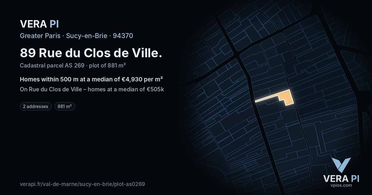 89 Rue du Clos de Ville, Sucy-en-Brie at night – the plot lit, the parcels around coloured by the prices near them