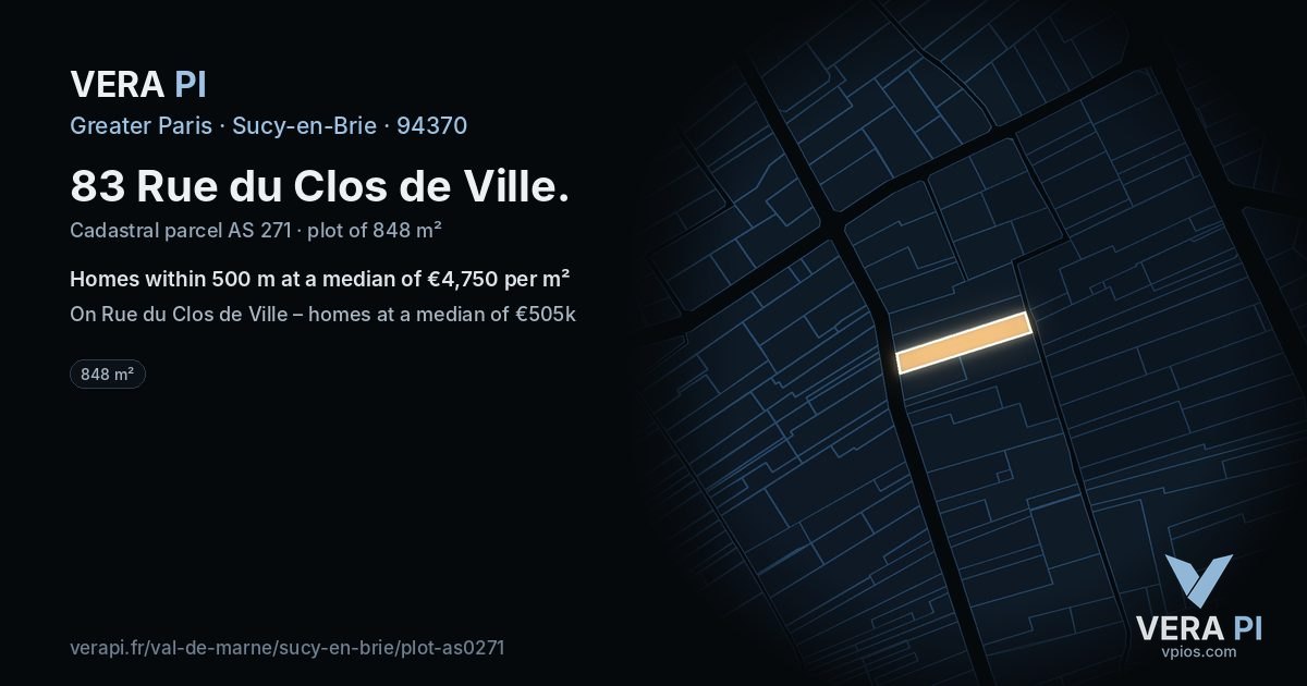 83 Rue du Clos de Ville, Sucy-en-Brie at night – the plot lit, the parcels around coloured by the prices near them