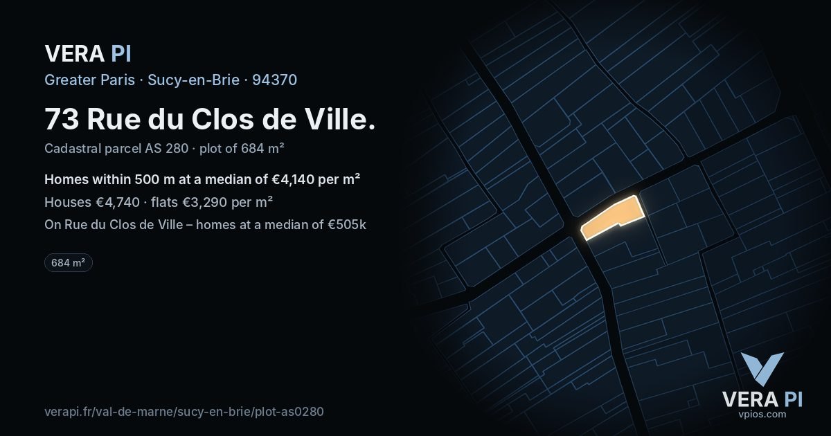 73 Rue du Clos de Ville, Sucy-en-Brie at night – the plot lit, the parcels around coloured by the prices near them