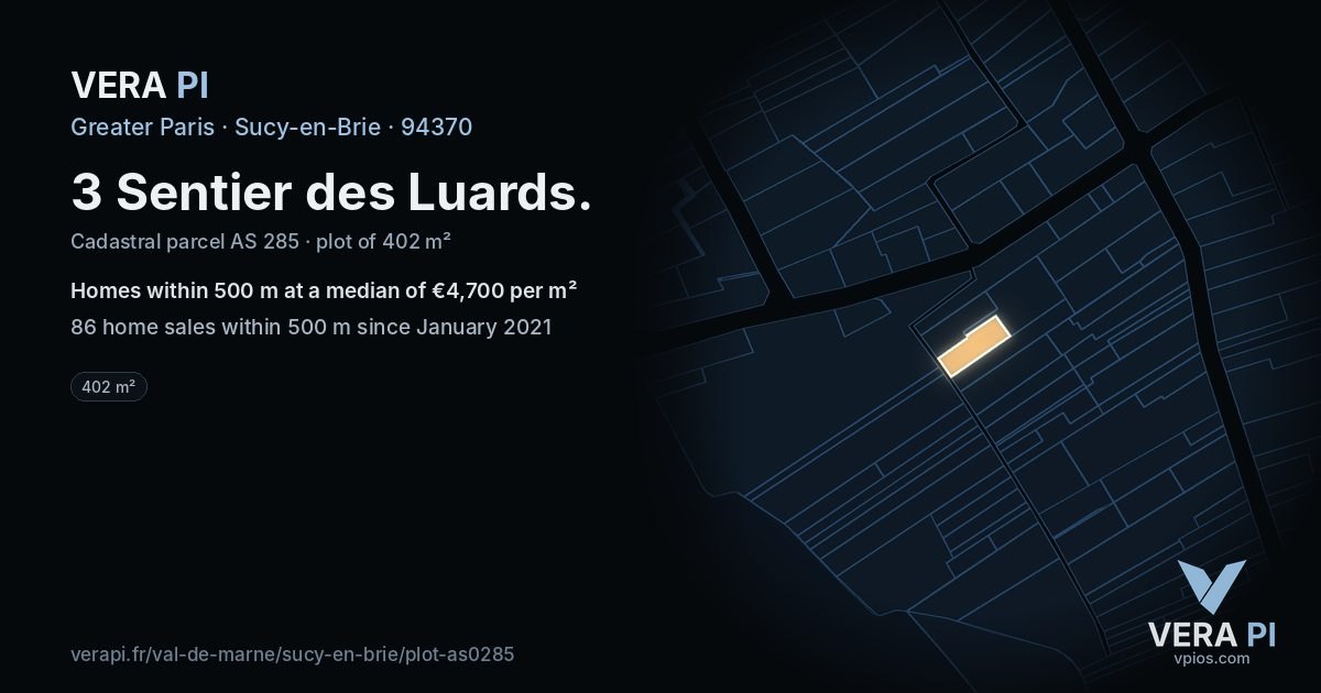 3 Sentier des Luards, Sucy-en-Brie at night – the plot lit, the parcels around coloured by the prices near them
