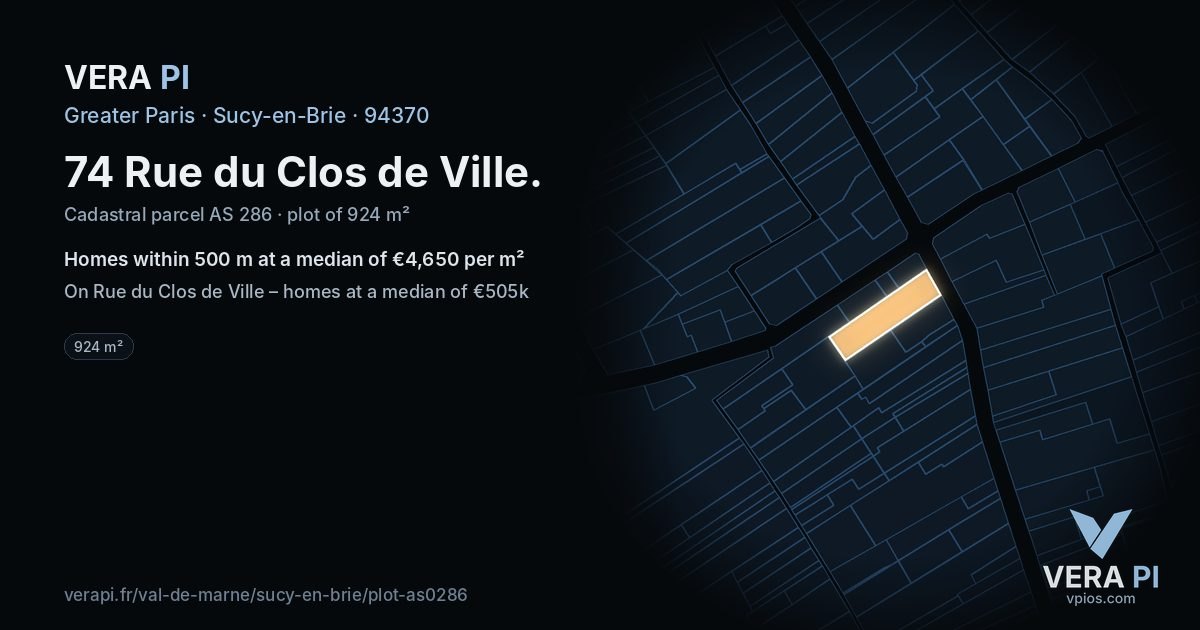 74 Rue du Clos de Ville, Sucy-en-Brie at night – the plot lit, the parcels around coloured by the prices near them