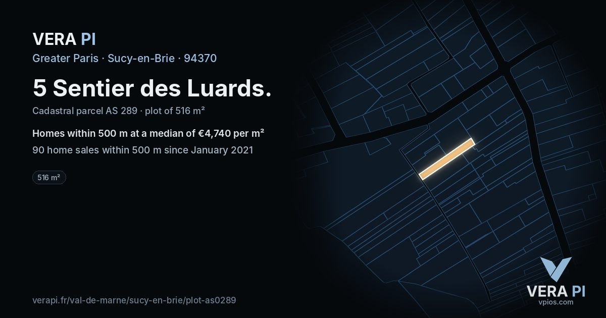 5 Sentier des Luards, Sucy-en-Brie at night – the plot lit, the parcels around coloured by the prices near them