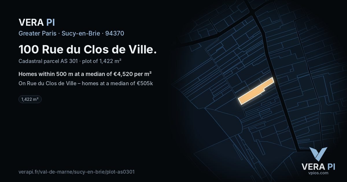 100 Rue du Clos de Ville, Sucy-en-Brie at night – the plot lit, the parcels around coloured by the prices near them