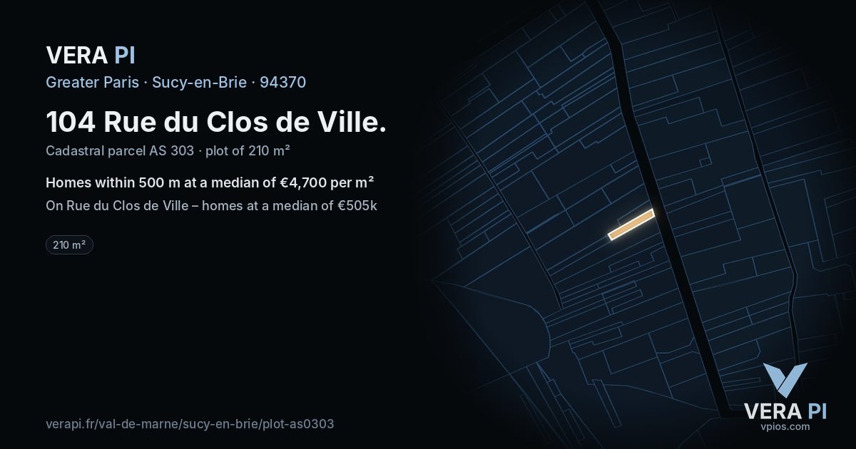 104 Rue du Clos de Ville, Sucy-en-Brie at night – the plot lit, the parcels around coloured by the prices near them
