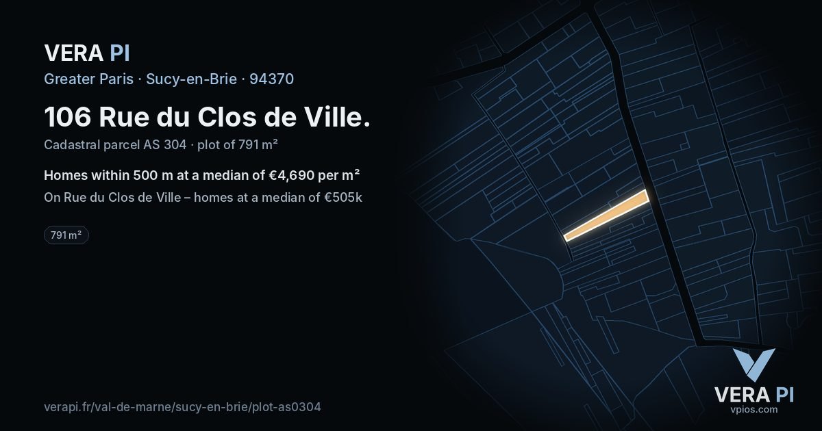 106 Rue du Clos de Ville, Sucy-en-Brie at night – the plot lit, the parcels around coloured by the prices near them