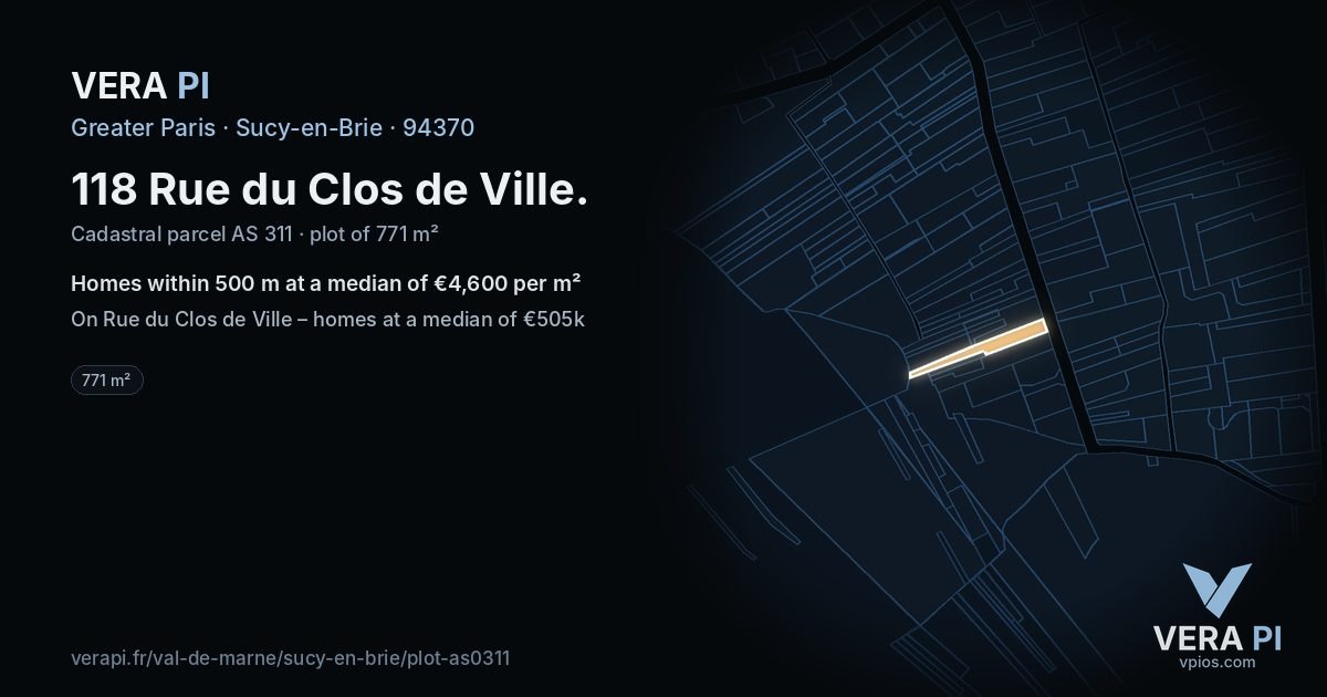 118 Rue du Clos de Ville, Sucy-en-Brie at night – the plot lit, the parcels around coloured by the prices near them