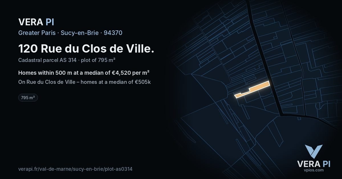 120 Rue du Clos de Ville, Sucy-en-Brie at night – the plot lit, the parcels around coloured by the prices near them