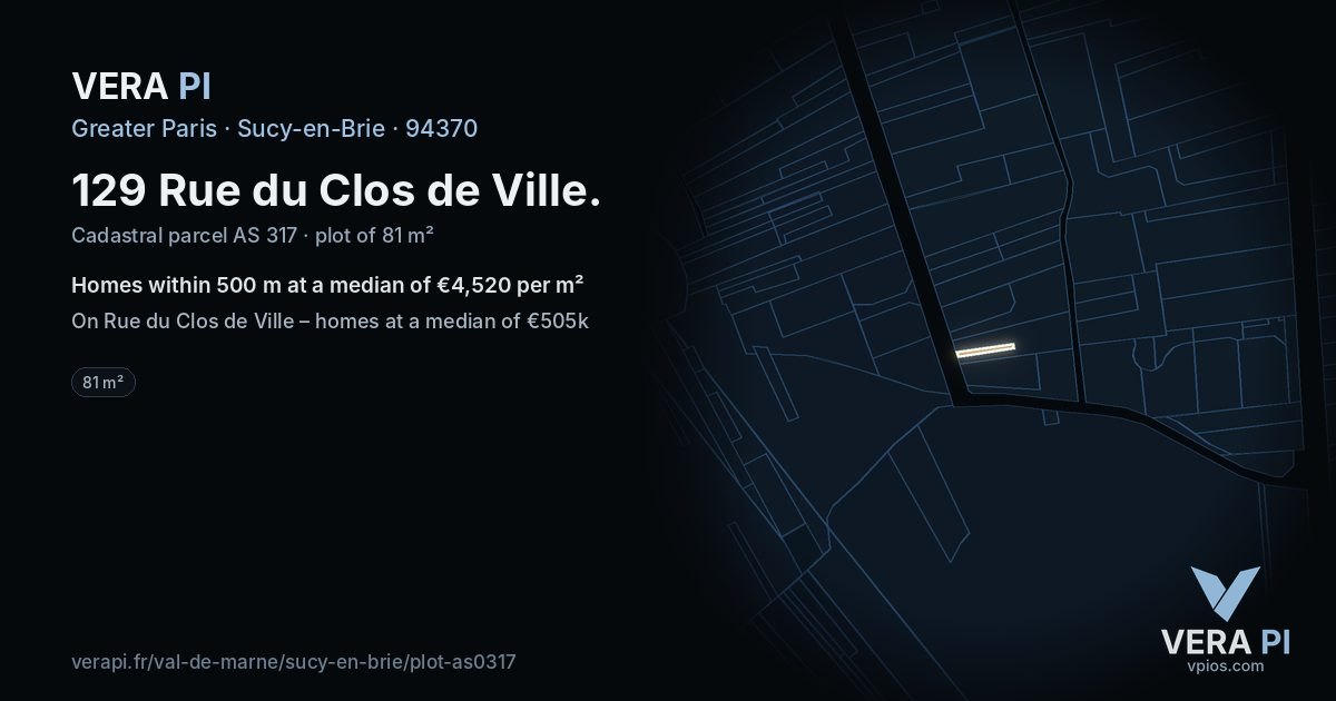 129 Rue du Clos de Ville, Sucy-en-Brie at night – the plot lit, the parcels around coloured by the prices near them