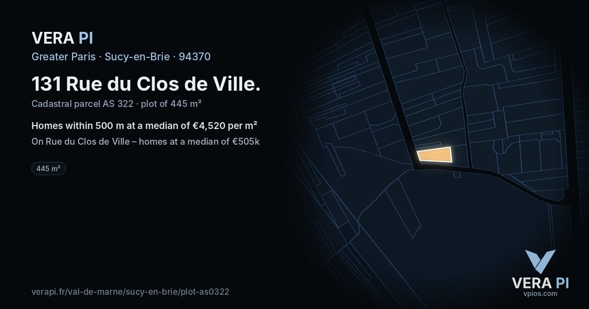 131 Rue du Clos de Ville, Sucy-en-Brie at night – the plot lit, the parcels around coloured by the prices near them