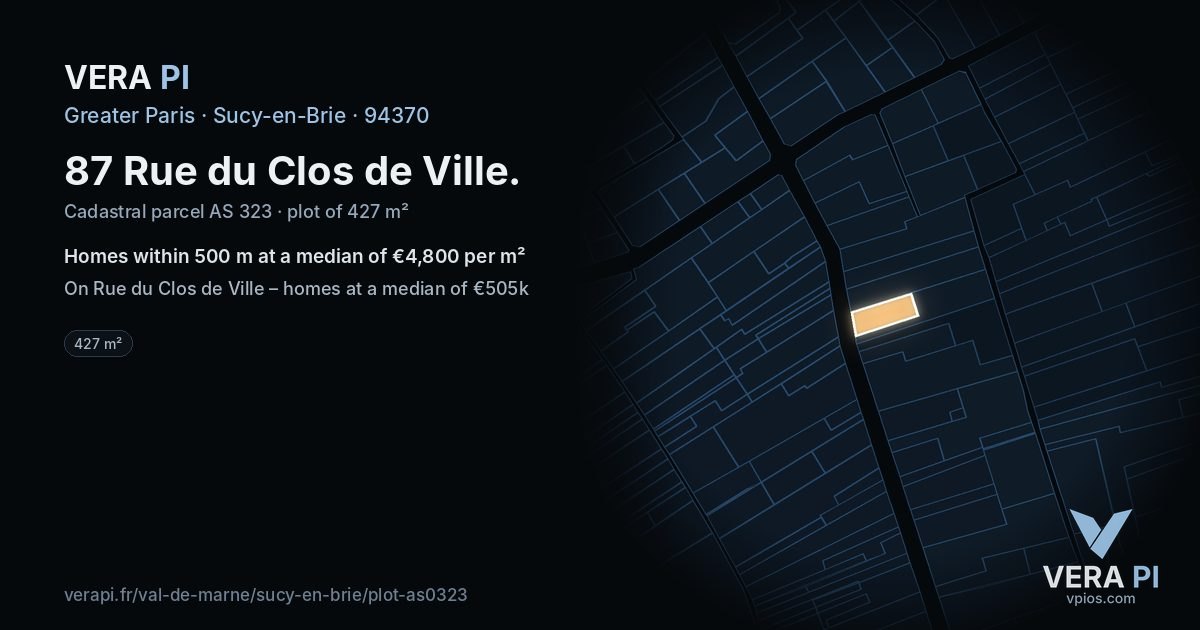 87 Rue du Clos de Ville, Sucy-en-Brie at night – the plot lit, the parcels around coloured by the prices near them