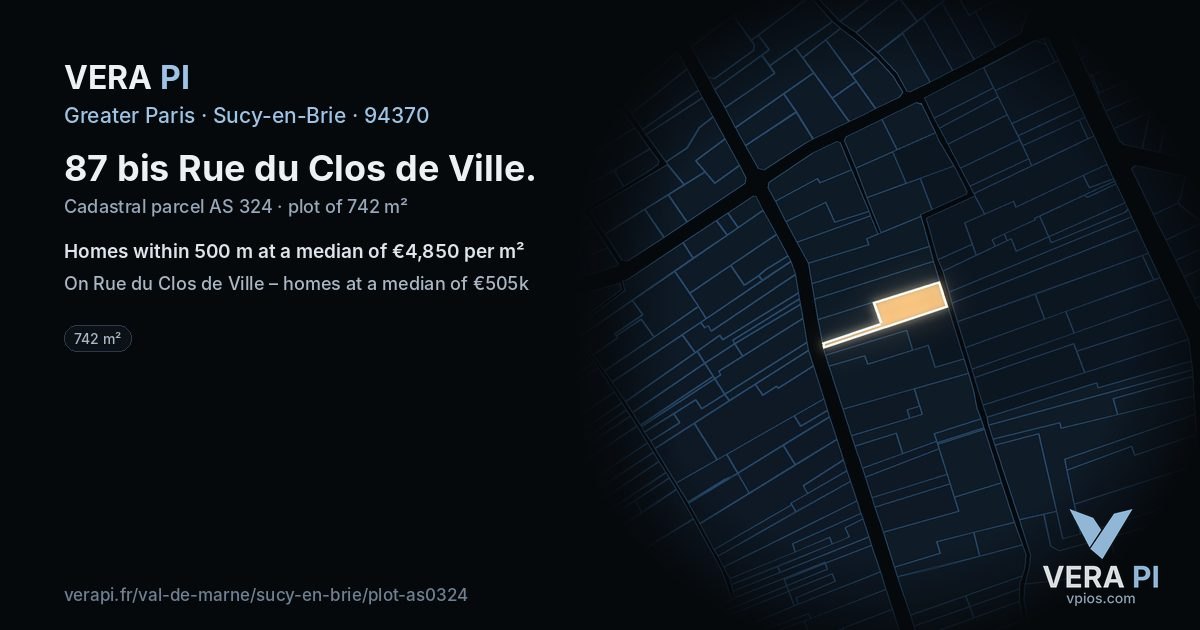 87 bis Rue du Clos de Ville, Sucy-en-Brie at night – the plot lit, the parcels around coloured by the prices near them