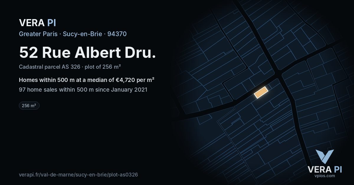 52 Rue Albert Dru, Sucy-en-Brie at night – the plot lit, the parcels around coloured by the prices near them