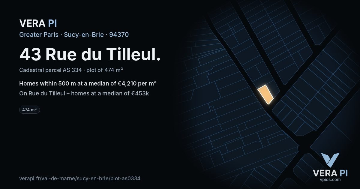 43 Rue du Tilleul, Sucy-en-Brie at night – the plot lit, the parcels around coloured by the prices near them