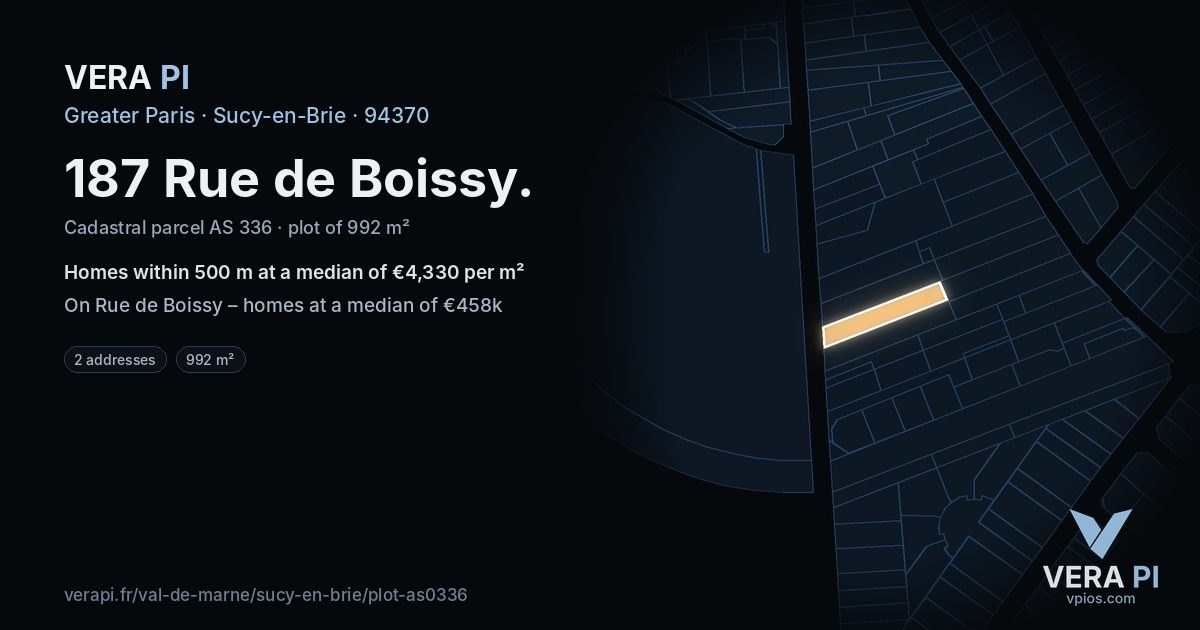 187 Rue de Boissy, Sucy-en-Brie at night – the plot lit, the parcels around coloured by the prices near them