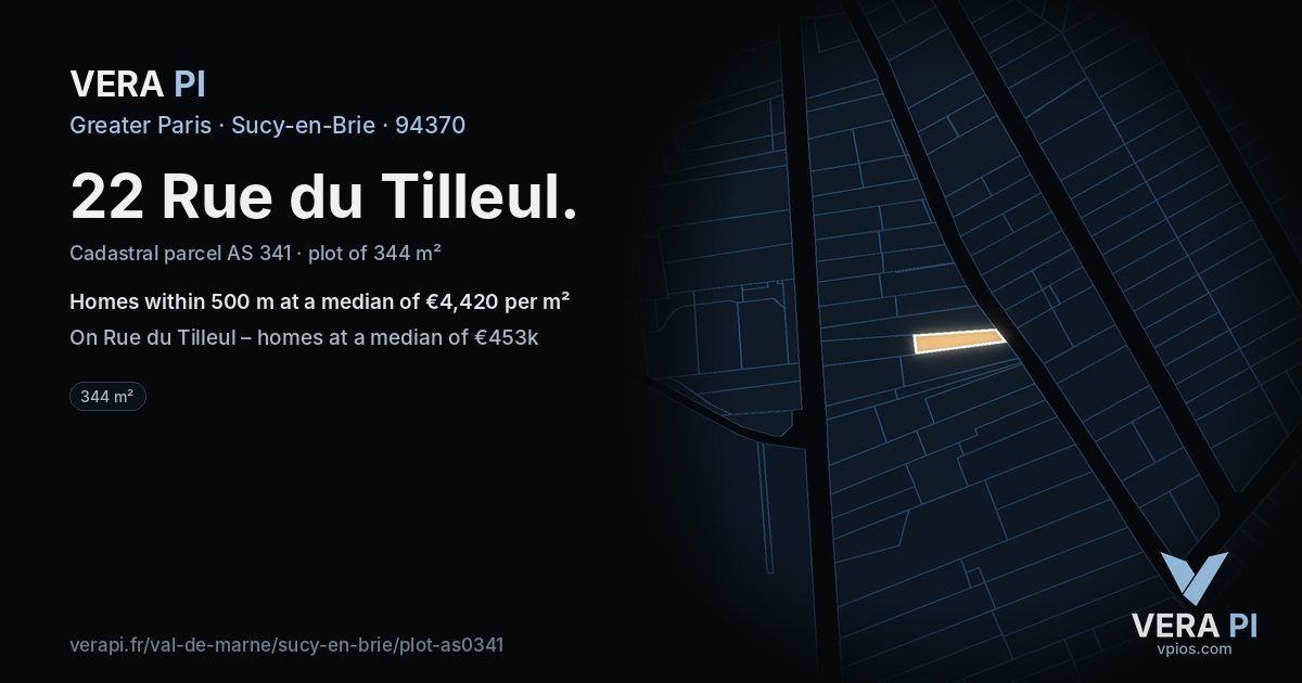 22 Rue du Tilleul, Sucy-en-Brie at night – the plot lit, the parcels around coloured by the prices near them