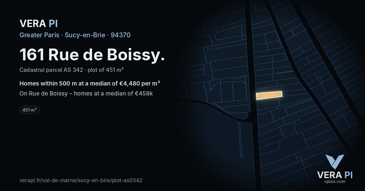 161 Rue de Boissy, Sucy-en-Brie at night – the plot lit, the parcels around coloured by the prices near them