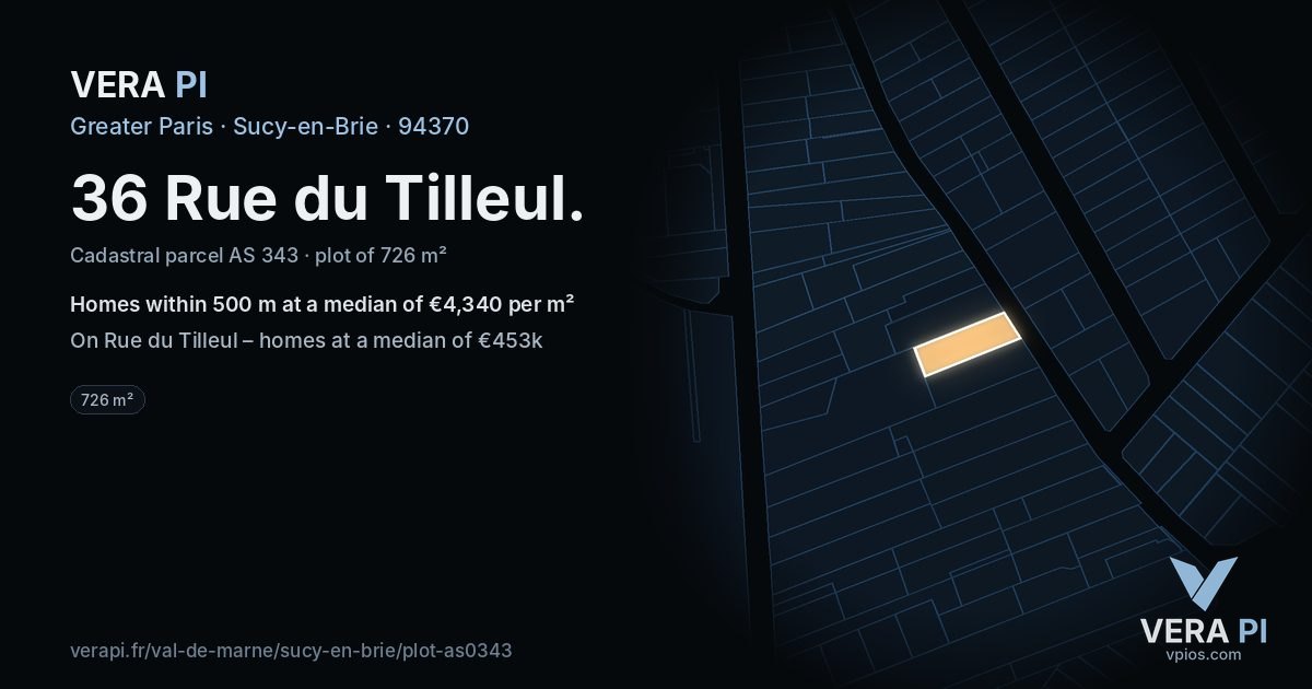 36 Rue du Tilleul, Sucy-en-Brie at night – the plot lit, the parcels around coloured by the prices near them