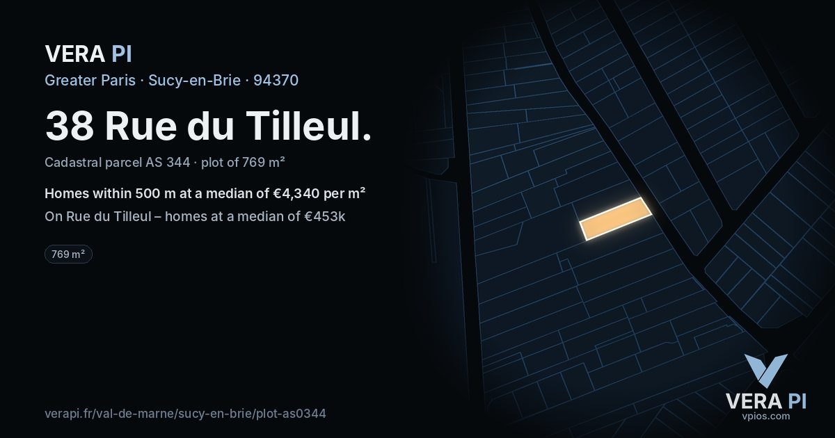 38 Rue du Tilleul, Sucy-en-Brie at night – the plot lit, the parcels around coloured by the prices near them