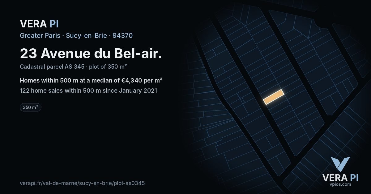 23 Avenue du Bel-air, Sucy-en-Brie at night – the plot lit, the parcels around coloured by the prices near them
