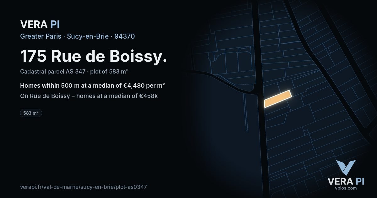 175 Rue de Boissy, Sucy-en-Brie at night – the plot lit, the parcels around coloured by the prices near them